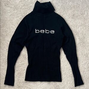 Bebe Black rhinestone logo turtleneck sweater small